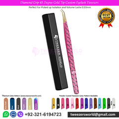 Diamond Grip 45 Degree Gold Tip Custom Eyelash Tweezers