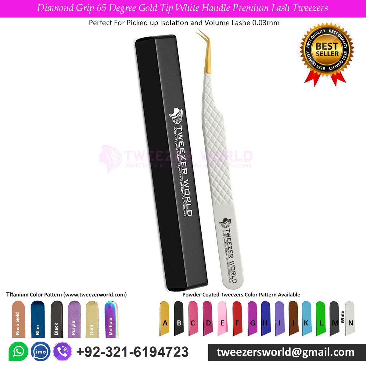 Diamond Grip 65 Degree Gold Tip White Handle Premium Lash Tweezers