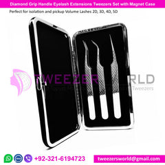 Diamond Grip Handle Eyelash Extensions Tweezers Set with Magnet Case