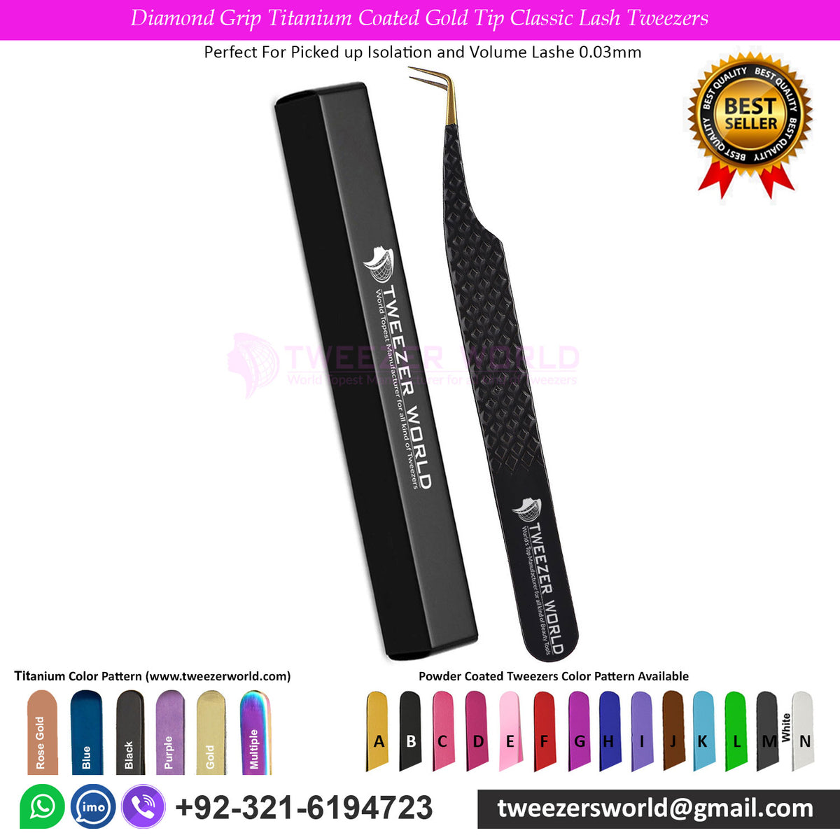 Diamond Grip Titanium Coated Gold Tip Classic Lash Tweezers