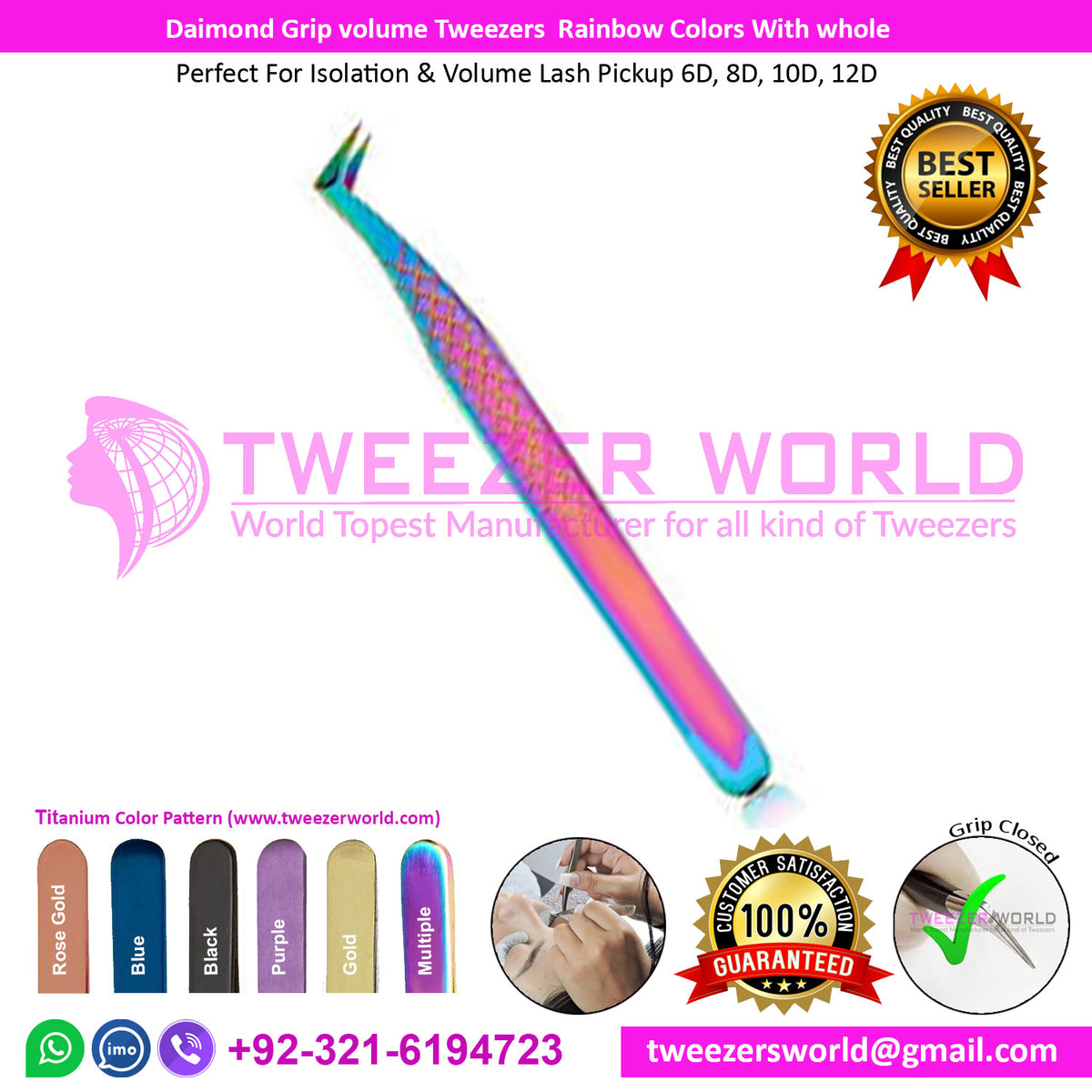 Titanium Rainbow Diamond Grip Volume Tweezers L shape Tower Point