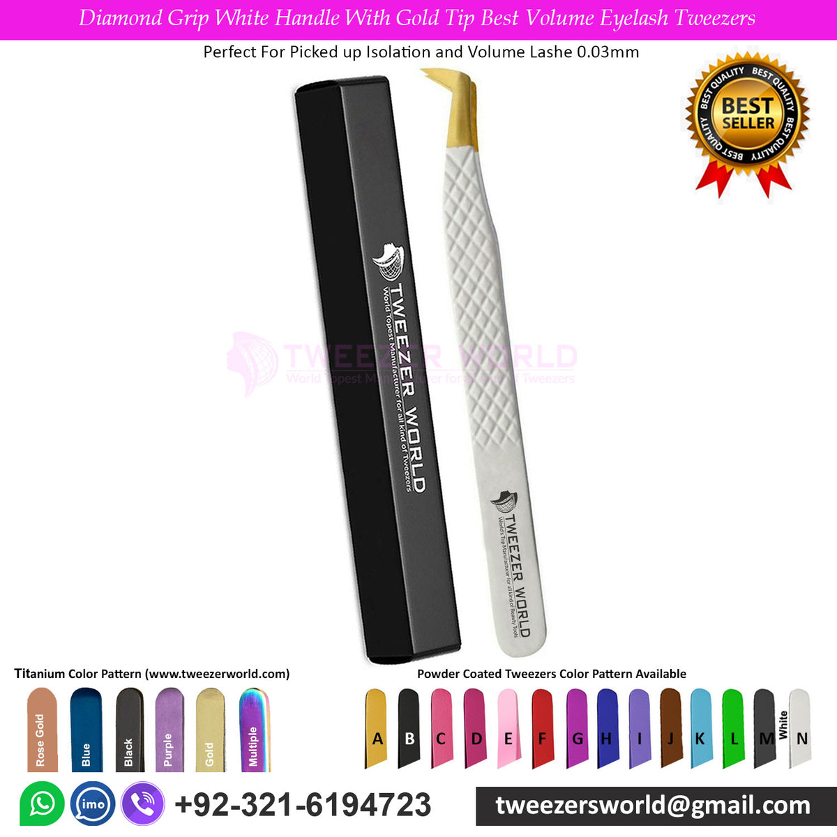 Diamond Grip White Handle With Gold Tip Best Volume Eyelash Tweezers