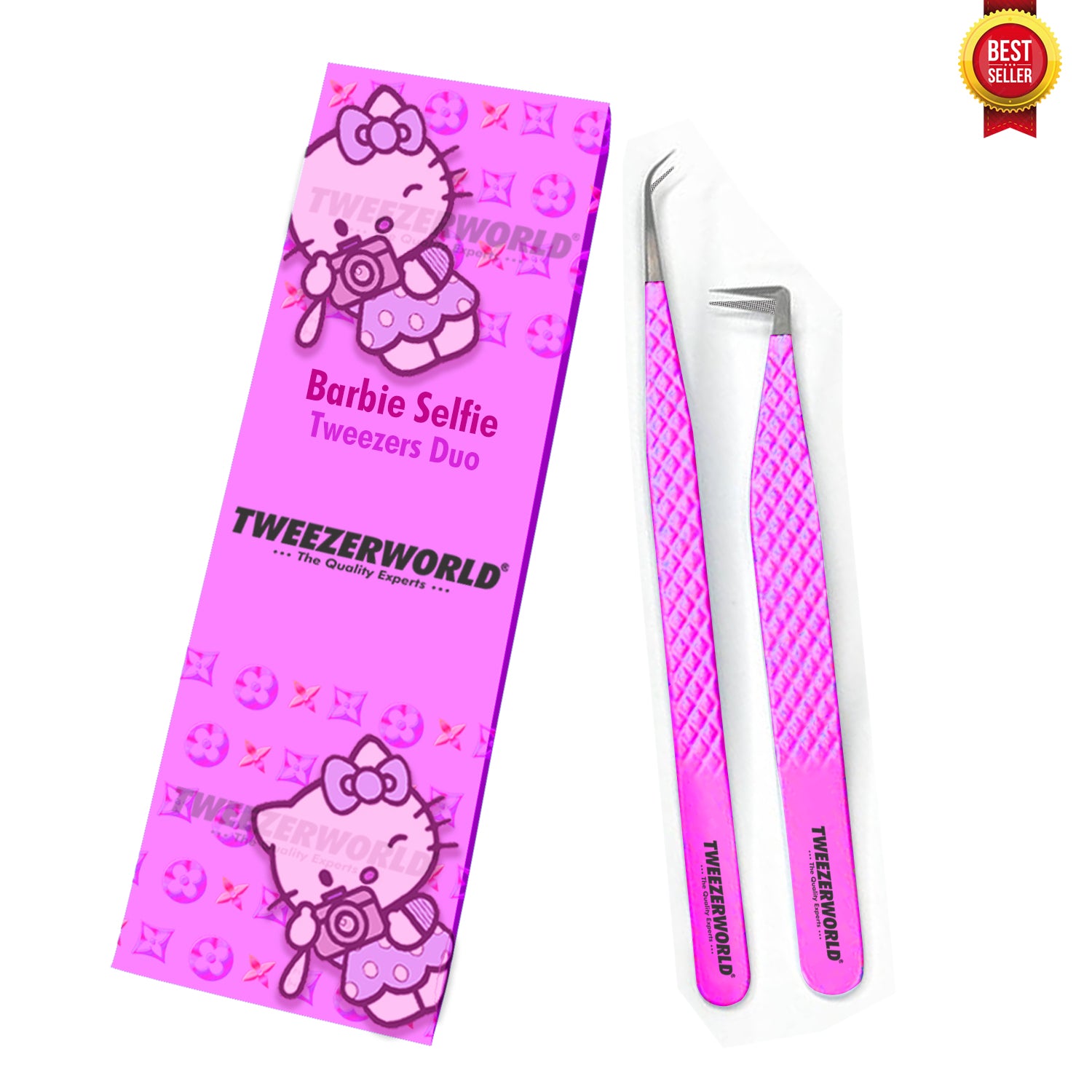 Fiber Tip Lash Tweezers Hot Pink Barbie Leader Selfie Duo - TWEEZER WORLD