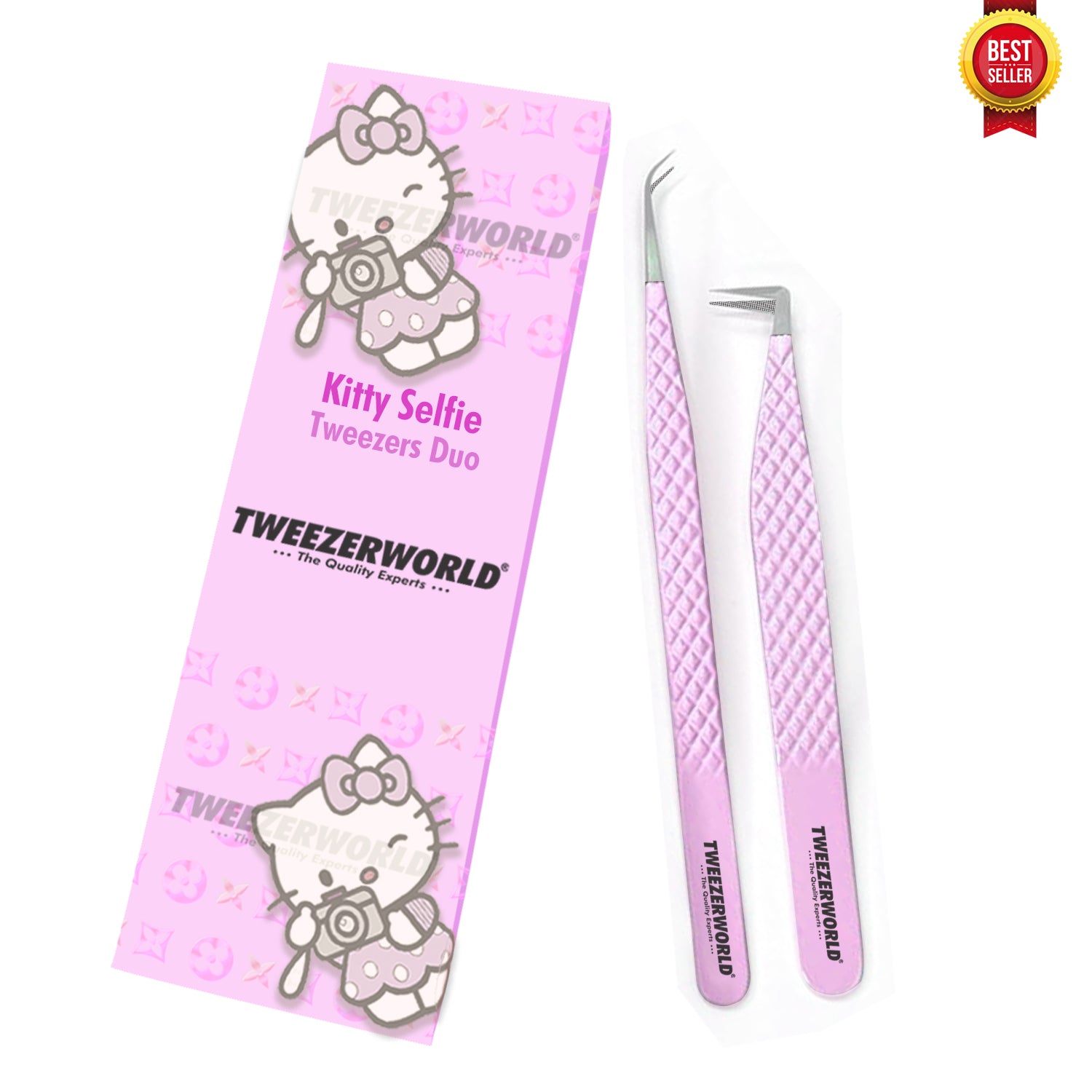 Fiber Tip Lash Tweezers Pink Kitty Selfie Duo - TWEEZER WORLD