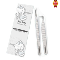 Fiber Tip Lash Tweezers White Star Selfie Duo - TWEEZER WORLD