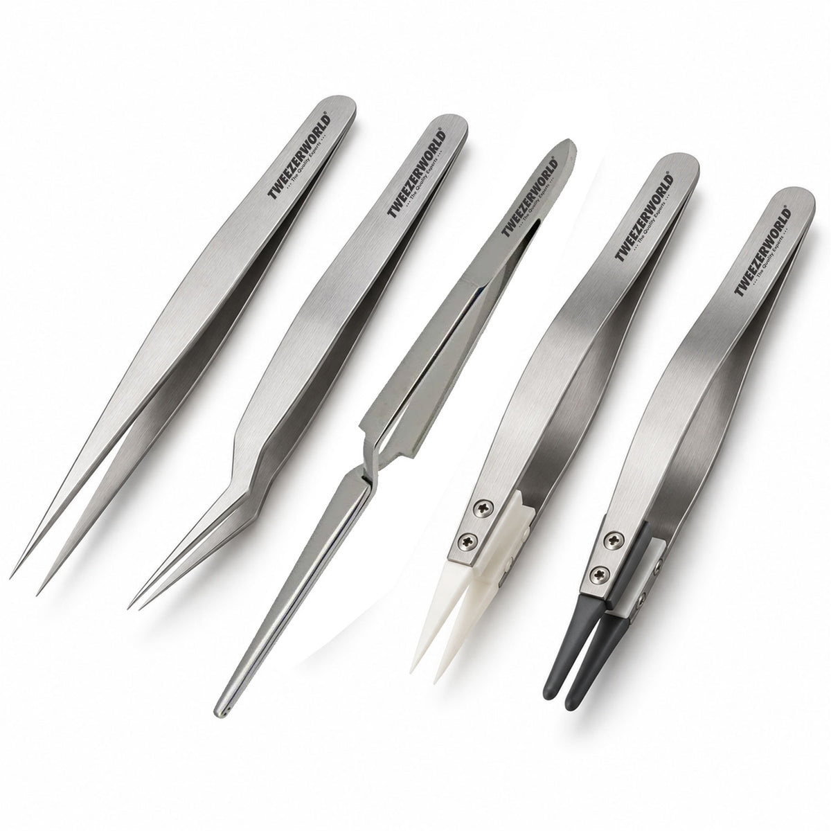 Five stainless steel precision tweezers of different sizes and types arranged diagonally on a white background, with the brand name 'TWELVELONG' printed on the handles.