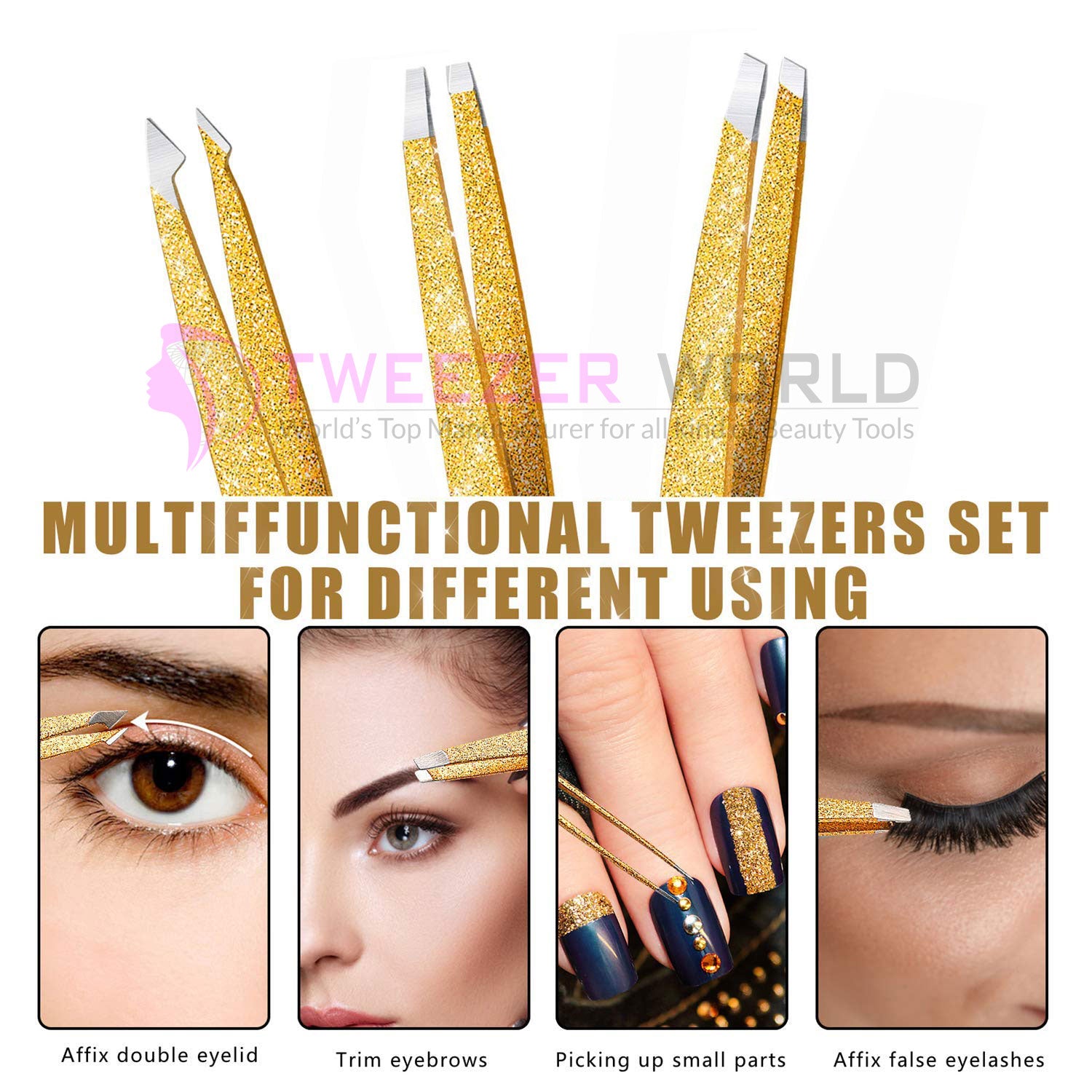 3Pcs Professional Stainless Steel Slanted Gold Eyebrow Plucker Tweezers Set