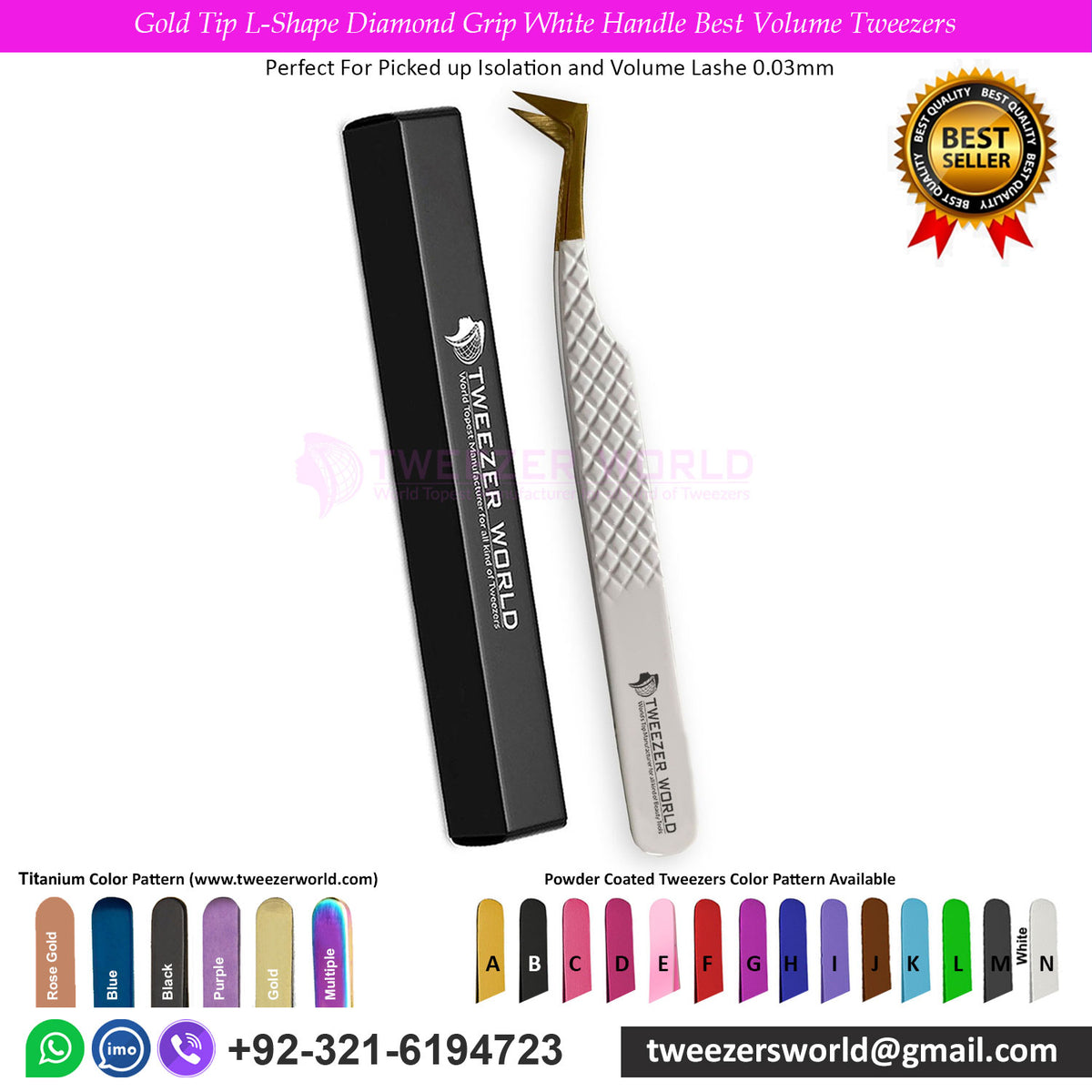 Gold Tip L-Shape Diamond Grip White Handle Best Volume Tweezers