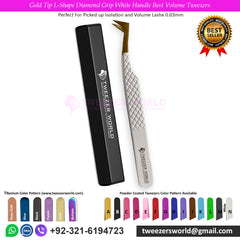 Gold Tip L-Shape Diamond Grip White Handle Best Volume Tweezers