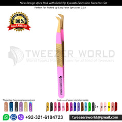 New Design 4pcs Pink with Gold Tip Eyelash Tweezers Sets