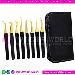 Plasma Gold Tip &amp; Black Handle Eyelash Extension Tweezers set with box