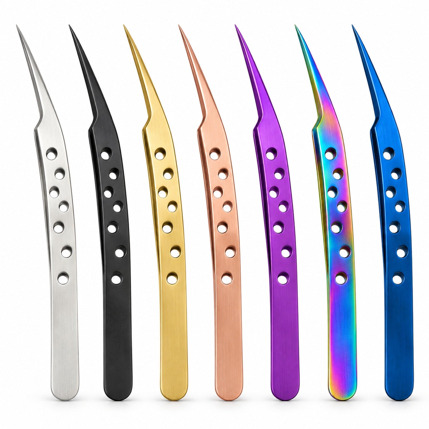 Japanese Stainless-Steel Straight Lash Isolation Tweezers with Holes in silver, black, gold, rose gold, purple, rainbow and blue | TWEEZER WORLD®