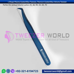 L-Shape Plasma Coated Blue Tweezers, Titanium Blue Volume Tweezers