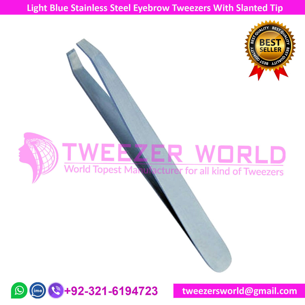 Light Blue Stainless Steel Eyebrow Tweezers With Slanted Tip