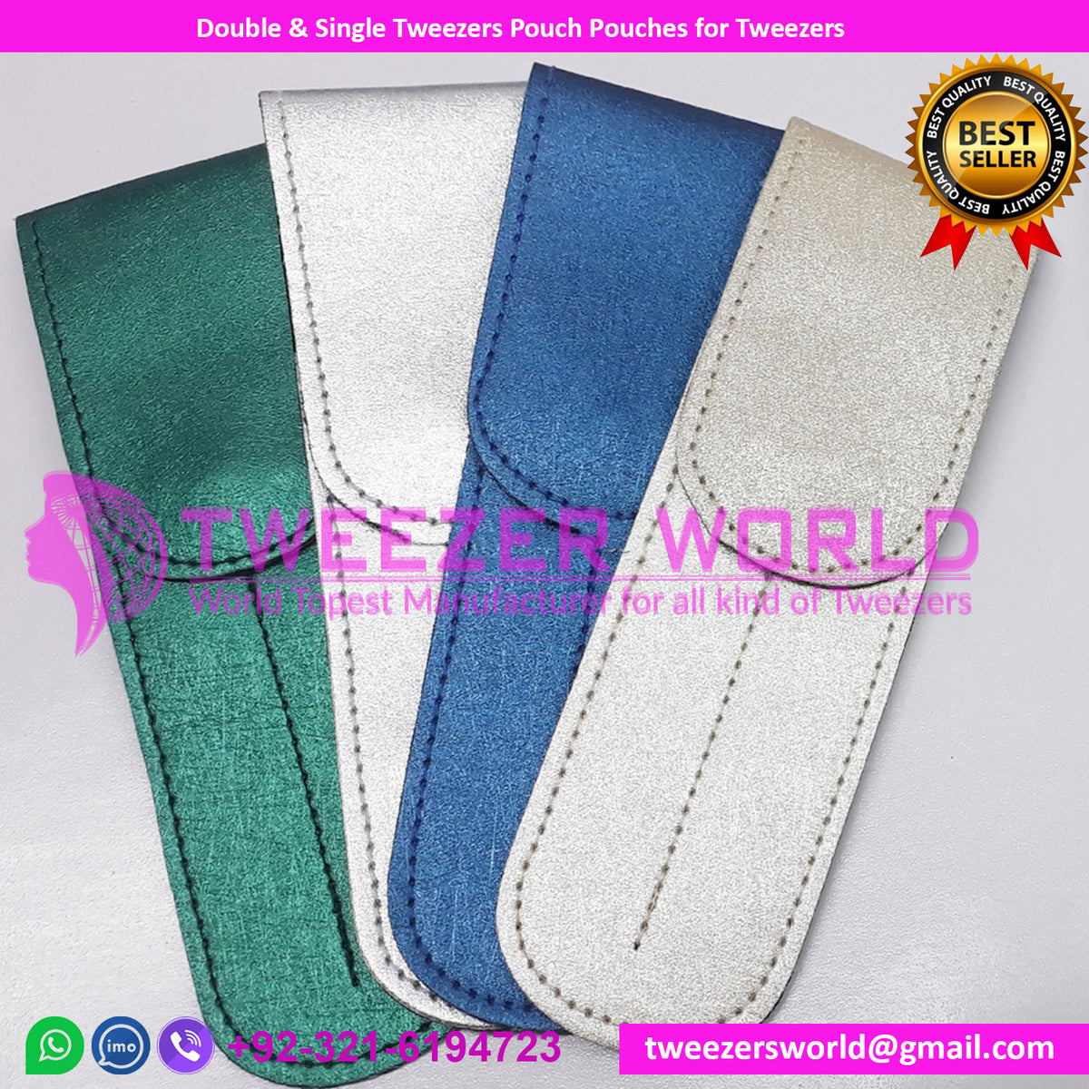 Four tweezers pouches in different colors (green, blue, white, and black) displayed side by side with the logo 'Tweezer World' prominently shown.