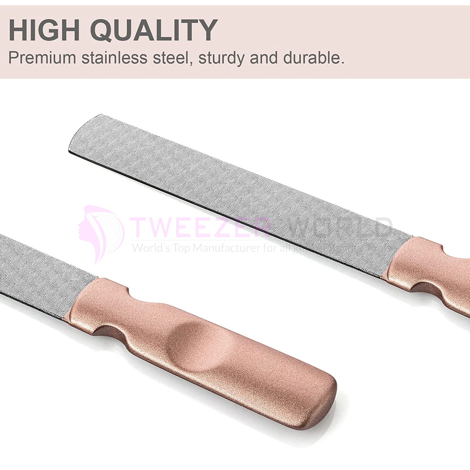 2 Pcs Best Nail Files with Rose Gold Anti-Slip Handle and Leather Case