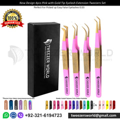 New Design 4pcs Pink with Gold Tip Eyelash Tweezers Sets