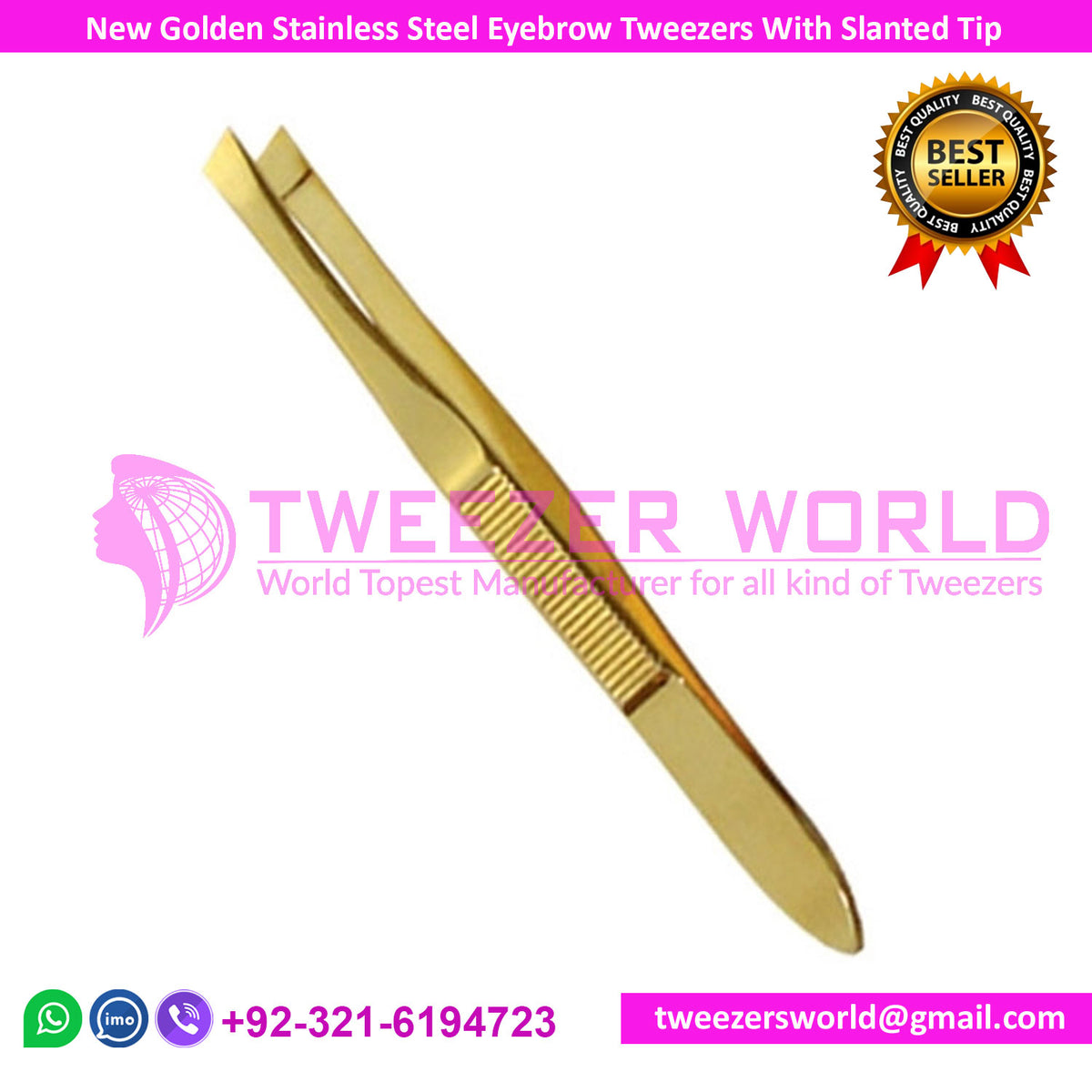 New Golden Stainless Steel Eyebrow Tweezers With Slanted Tip