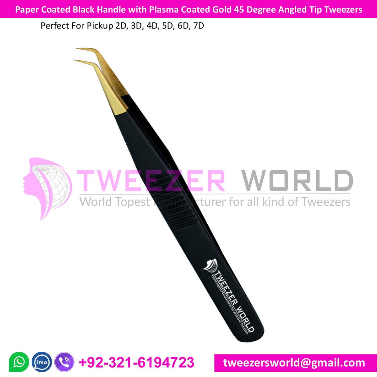 45 Degree Angled Paper Black Handle with Volume Tweezers Gold Tip