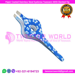 Paper Coated blue Eyebrow Tweezers With SS Slanted tip