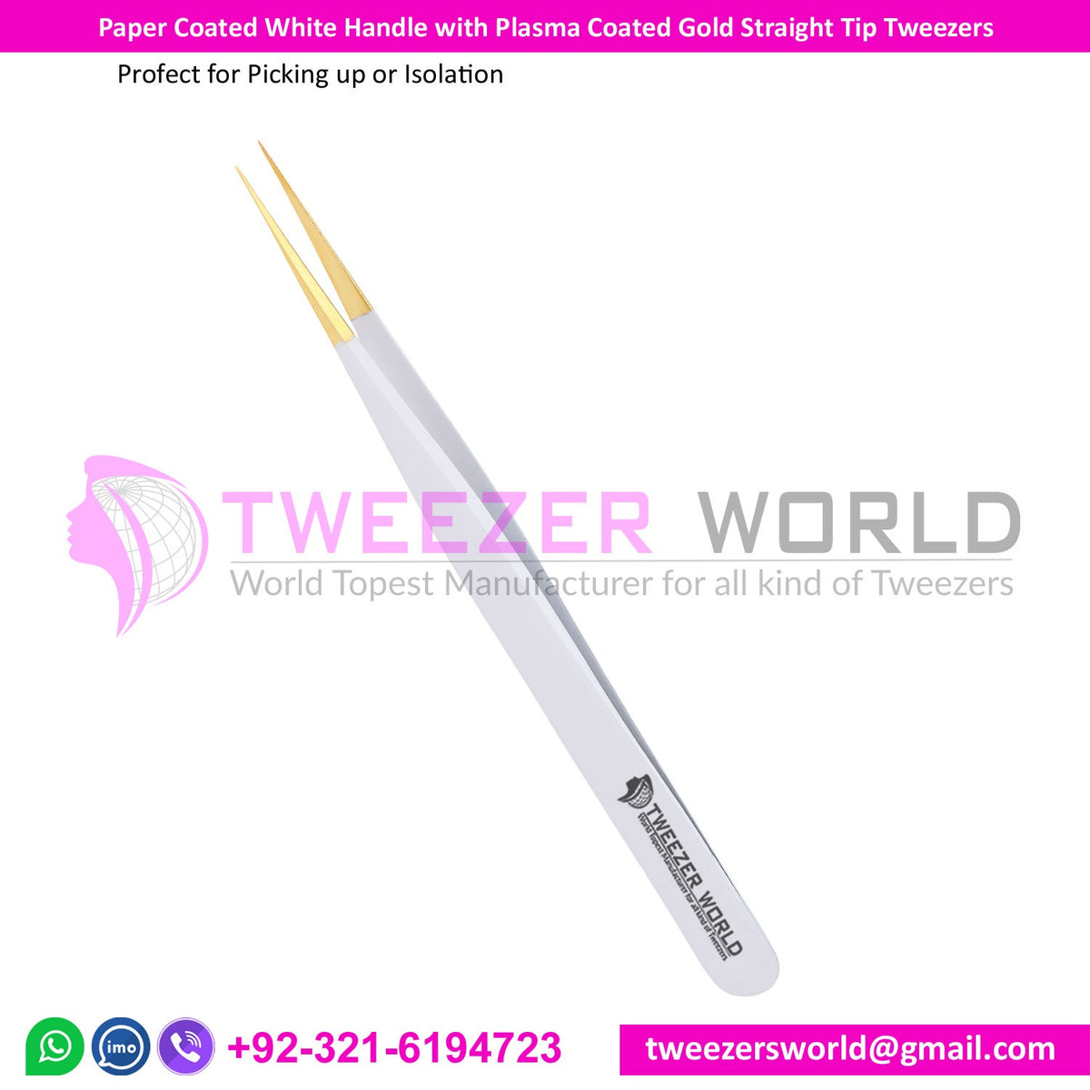 Paper Coated White Handle with Plasma Coated Gold Straight Tip Tweezer