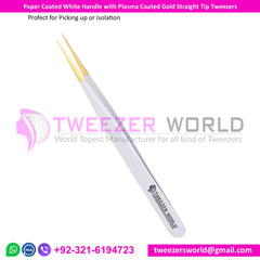 Paper Coated White Handle with Plasma Coated Gold Straight Tip Tweezer