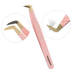 Pink tweezers with gold tips on a white background