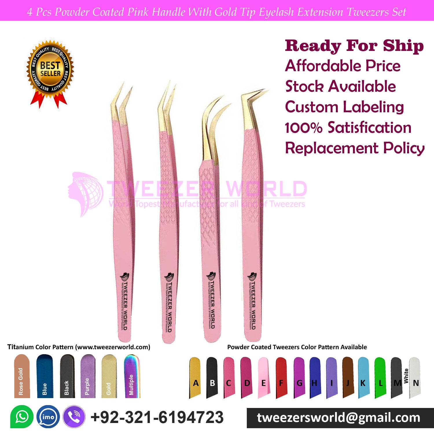 4pcs Professional Pink Handle Gold Tip Eyelash Tweezers Sets