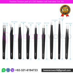 Precision Tweezers Pack of 9, ESD Stainless Steel Anti-static Tool Kit