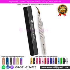 Professional Diamond Grip White Handle Gold Tip Curved Tweezers