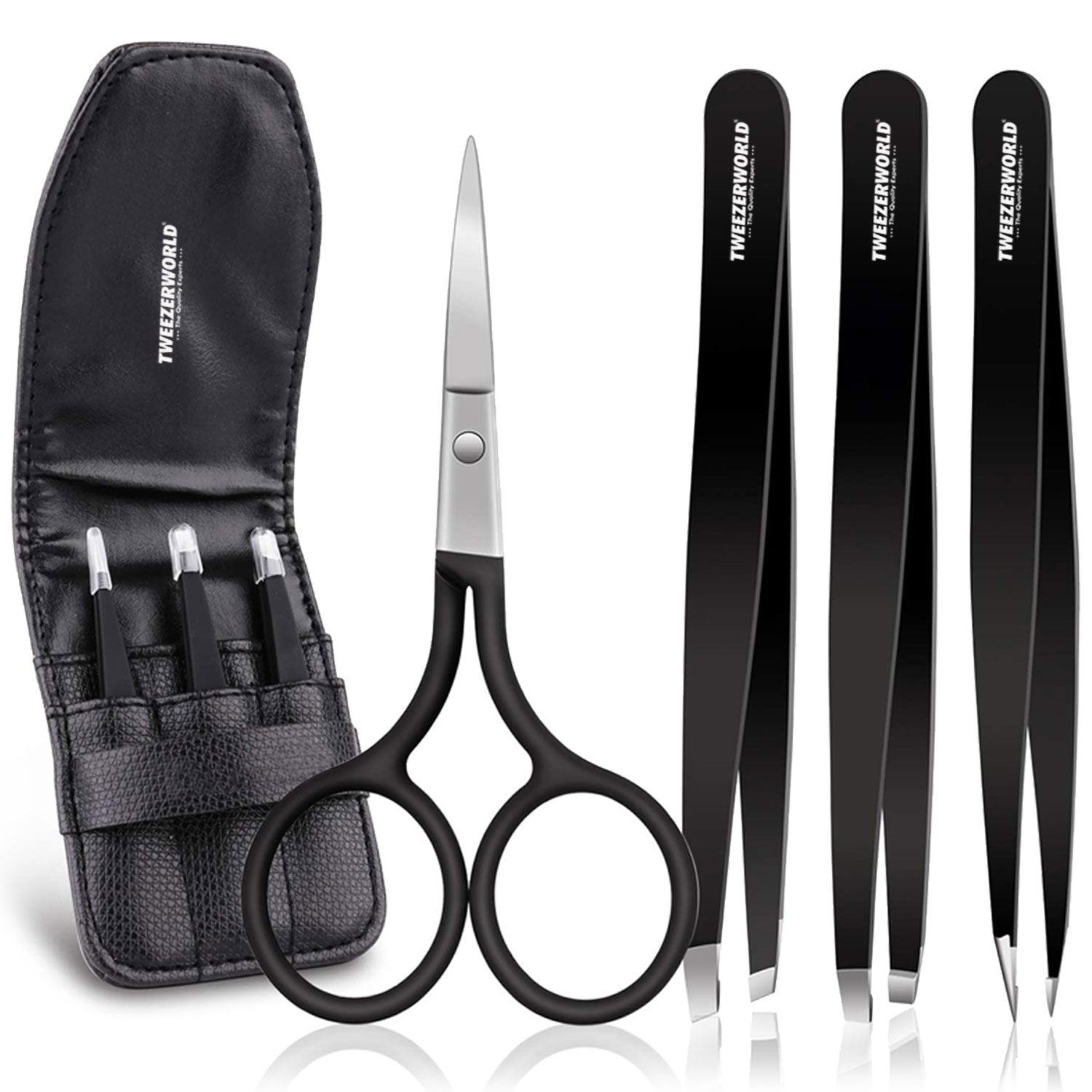 Black grooming kit with scissors, tweezers, and a case on a white background
