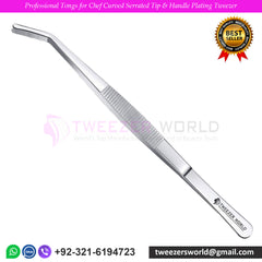 Professional Tongs for Chef Curved Serrated Tip &amp; Handle Plating Tweezer