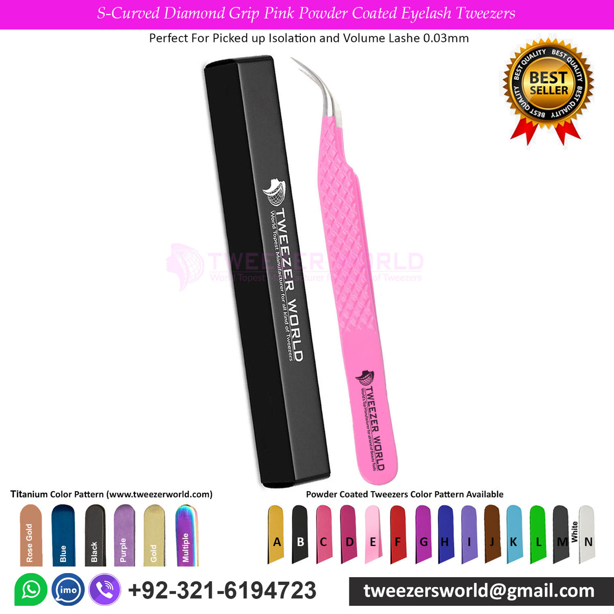 S-Curved Diamond Grip Pink Powder Coated Eyelash Tweezers