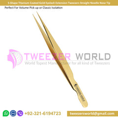 S-Shape Gold Eyelash Extension Tweezers Straight Needle Nose Tip