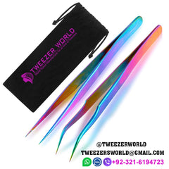 2pcs Rainbow Straight Curved Tip Tweezers sets for Eyelash Extension