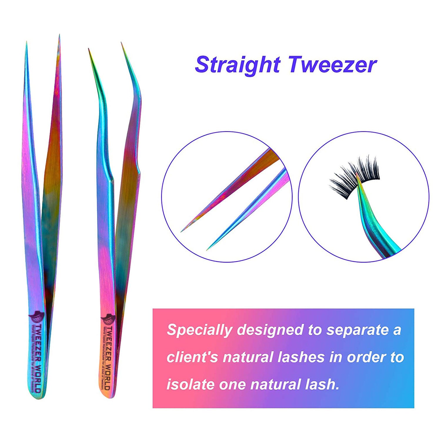 2pcs Rainbow Straight Curved Tip Tweezers sets for Eyelash Extension