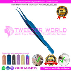 SS Blue Titanium Coated Eyelash Extension Tweezers 60 Degree Angled