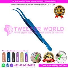 SS Blue Titanium Coated Eyelash Extension Curved Tweezers