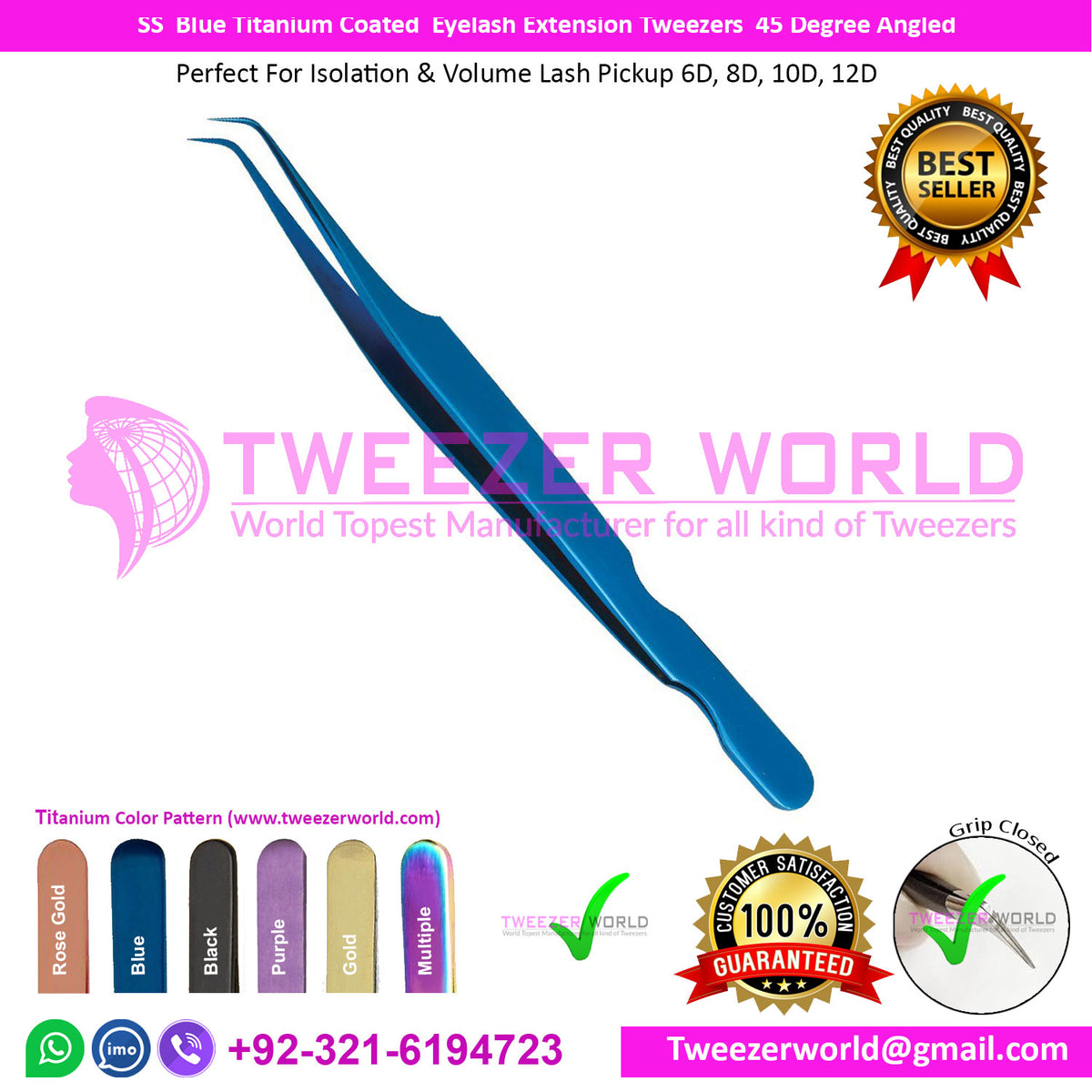 SS Blue Titanium Coated Eyelash Extension Tweezers 45 Degree Angled