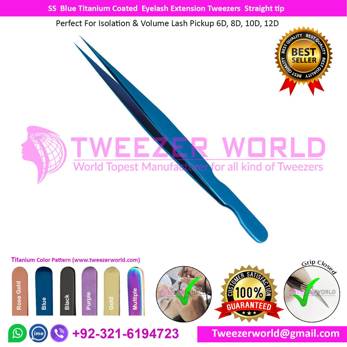 SS Blue Titanium Coated Eyelash Extension Tweezers Straight tip