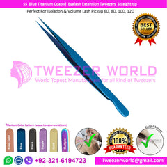 SS Blue Titanium Coated Eyelash Extension Tweezers Straight tip