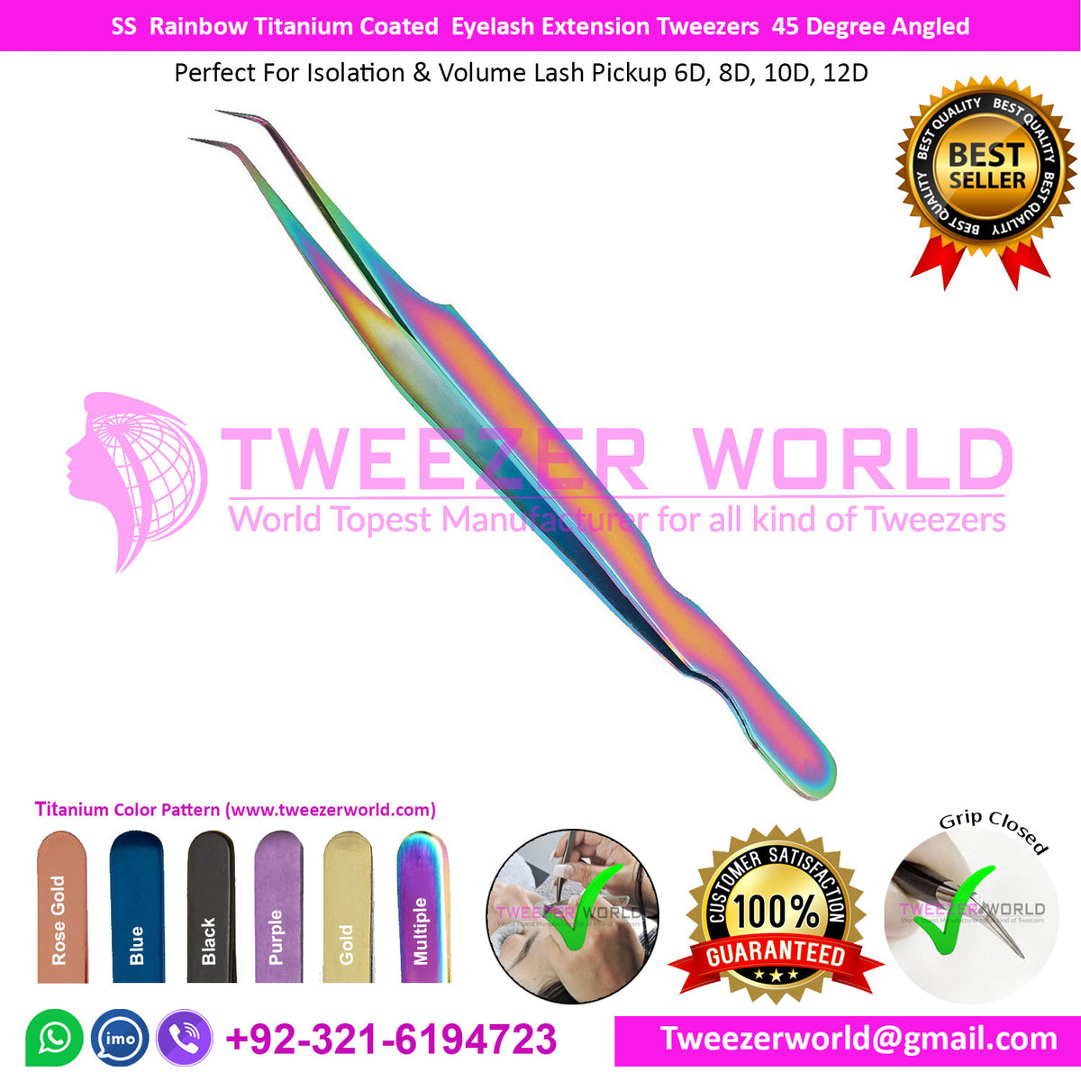 SS Rainbow Titanium Coated Eyelash Extension Tweezers 45 Degree Angled