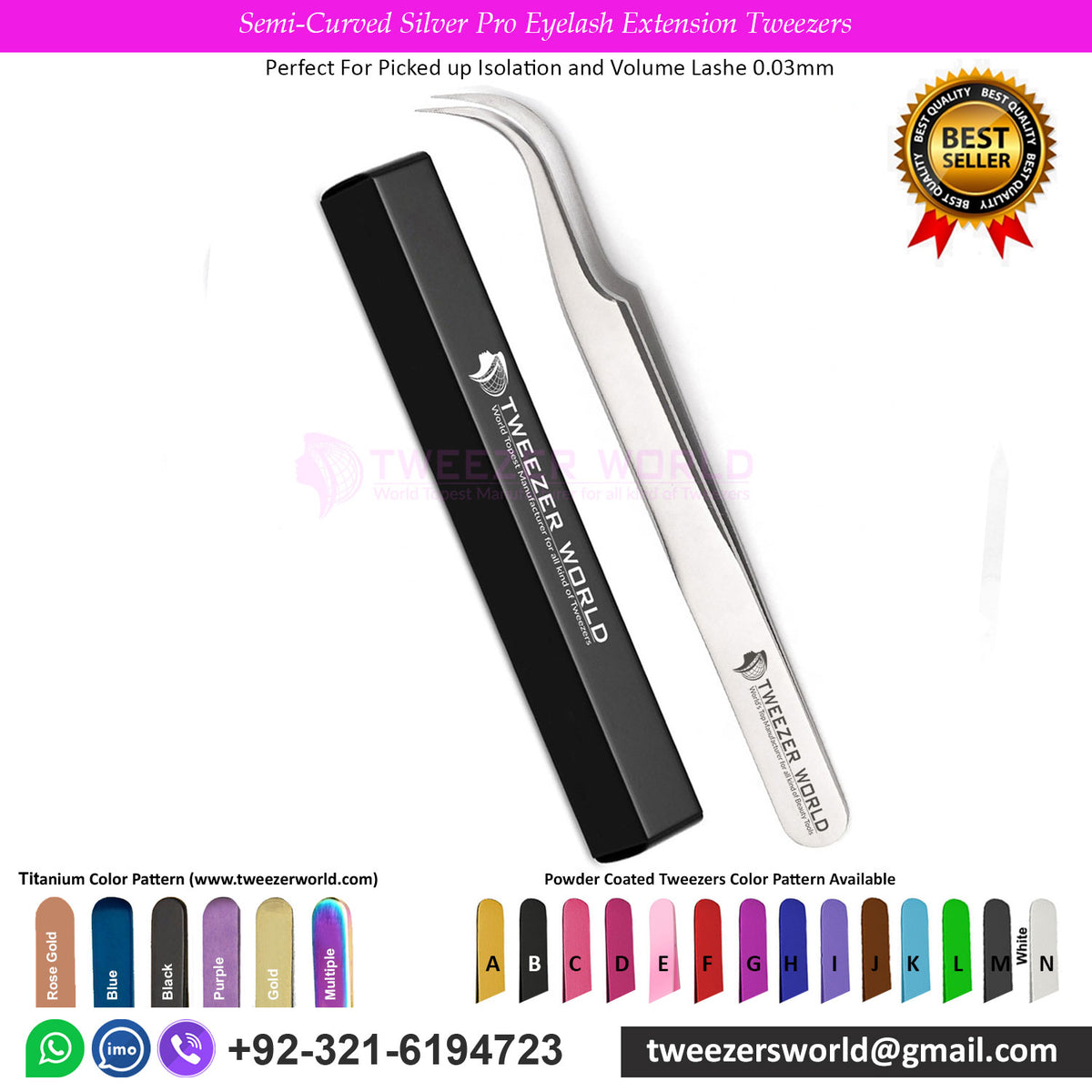 Semi-Curved Silver Pro Eyelash Extension Tweezers