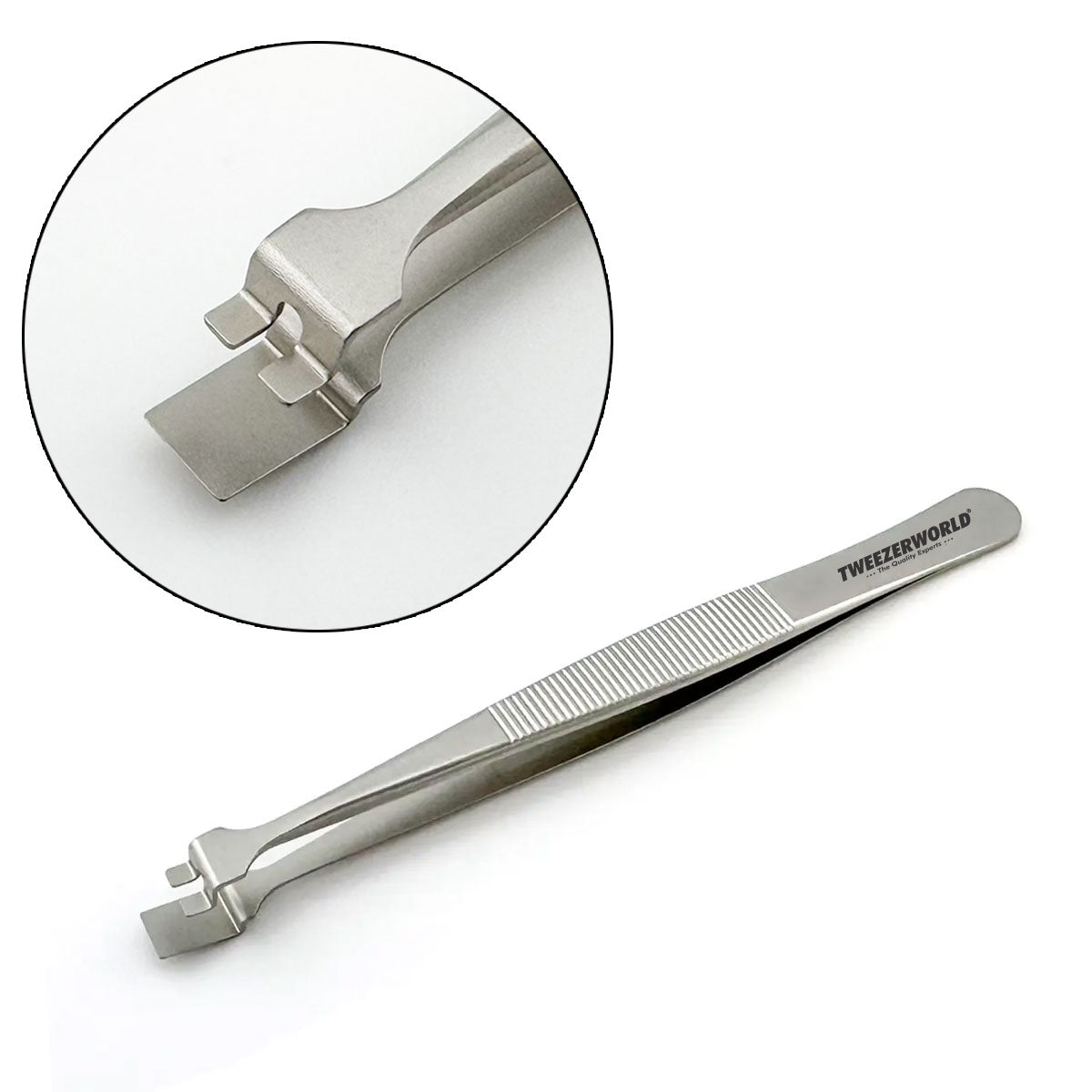 Semiconductor wafer handling tweezers with broad lower paddle and dual upper contact tabs