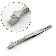 Semiconductor wafer handling tweezers with broad lower paddle and dual upper contact tabs