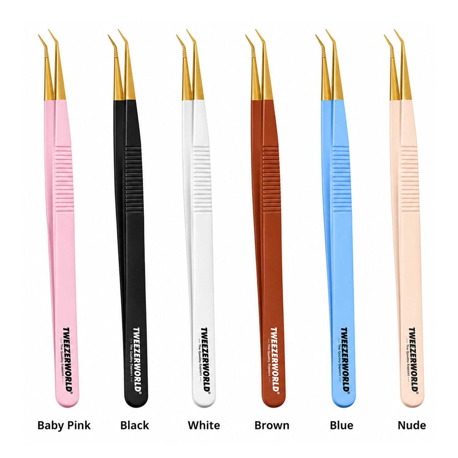 Six pairs of precision serrated handle tweezers in different colors (Baby Pink, Black, White, Brown, Blue, and Nude) are shown side-by-side on a white background with text labels underneath each pair.