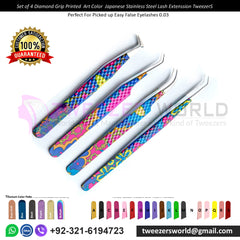 Set of 4 Diamond Grip Printed Art Color Stainless Steel Tweezers