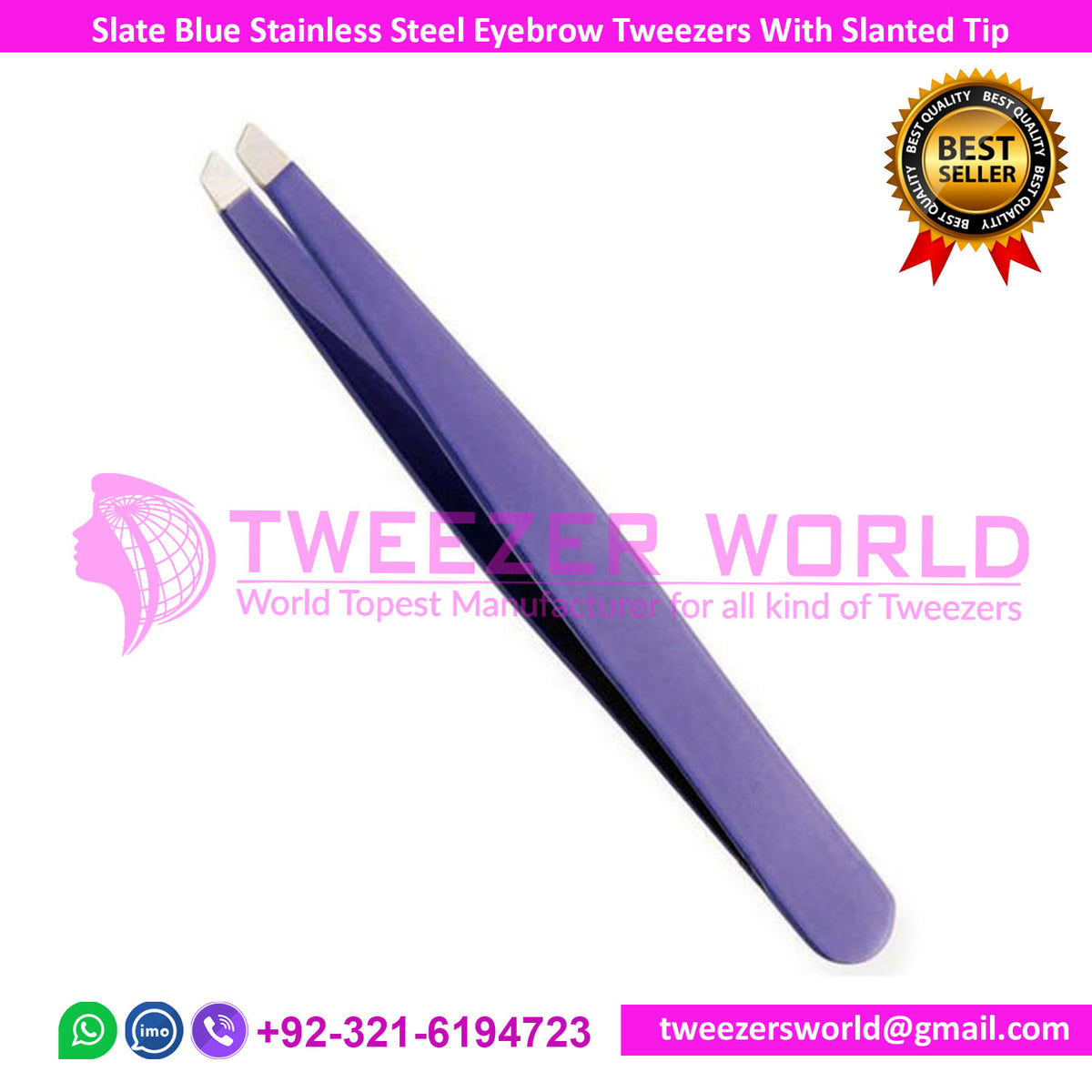 Slate Blue Stainless Steel Eyebrow Tweezers With Slanted Tip