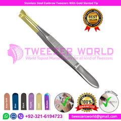 Stainless Steel Eyebrow Tweezers With Gold Slanted Tip