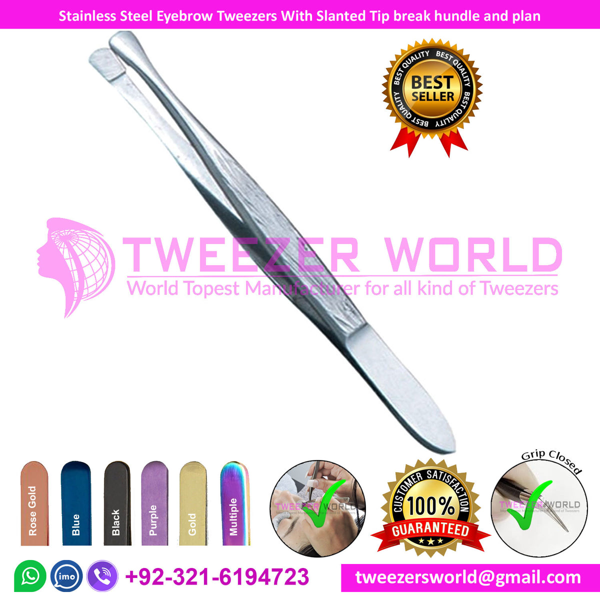 Stainless Steel Eyebrow Tweezers With Slanted Tip break hundle and plan